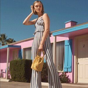 BCBGeneration Striped V Neck Peplum Bell Bottom Jumpsuit White Blue 12 preppy